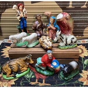 Vintage Chalkware Nativity Scene Italy Mary Jesus Shepherd W Eggs Joseph Pig